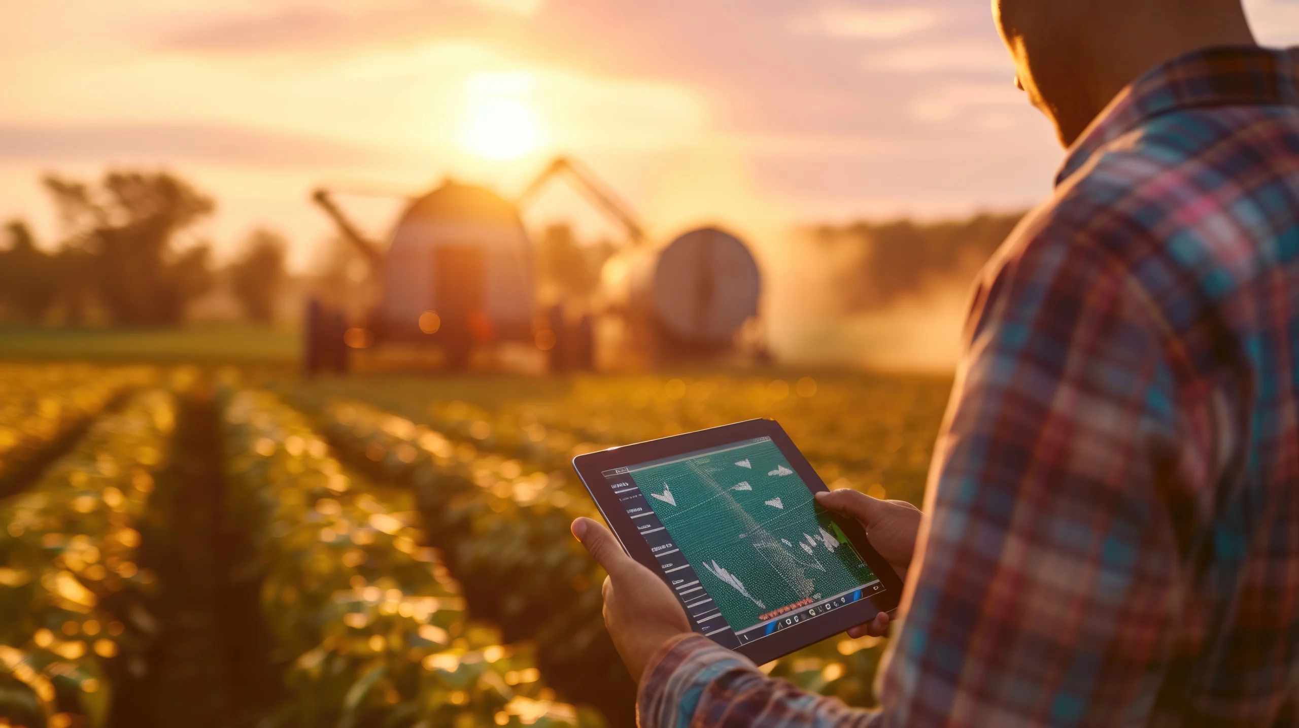 Pessoa usando um tablet em um campo ao pôr do sol, com tratores ao fundo.