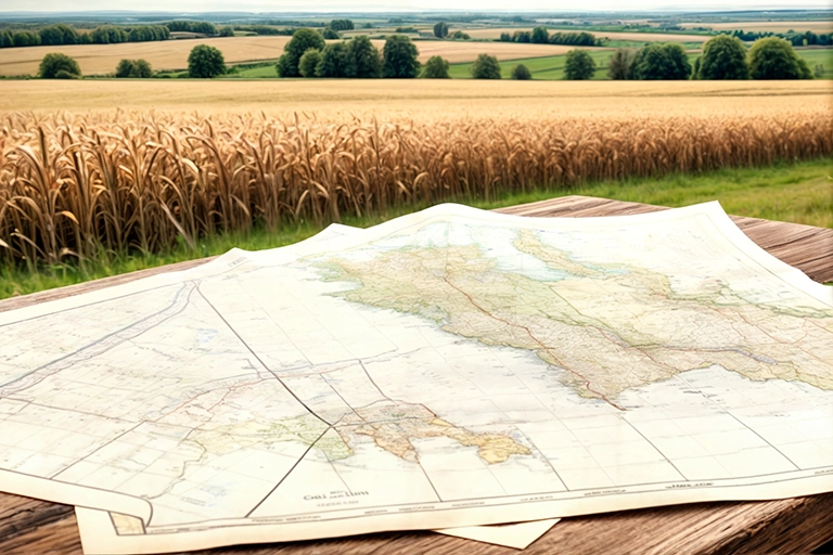 grande mapa detalhado espalhado sobre uma superfície plana, com um campo de trigo dourado e uma linha de árvores ao fundo. O mapa parece ser de uma área geográfica, mostrando várias linhas coloridas que podem representar estradas ou limites, e áreas sombreadas que podem indicar diferentes terrenos ou elevações