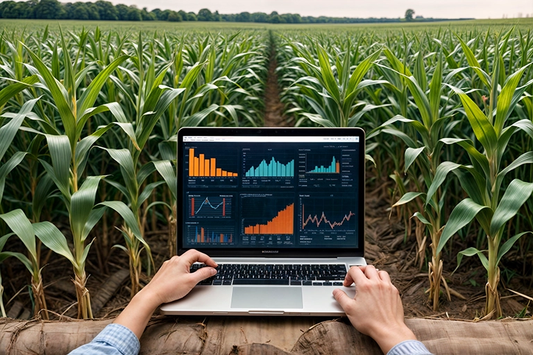 pessoa usando um laptop no meio de um campo de milho. A tela do laptop exibe vários gráficos e tabelas que sugerem análise de dados ou monitoramento do mercado de ações.