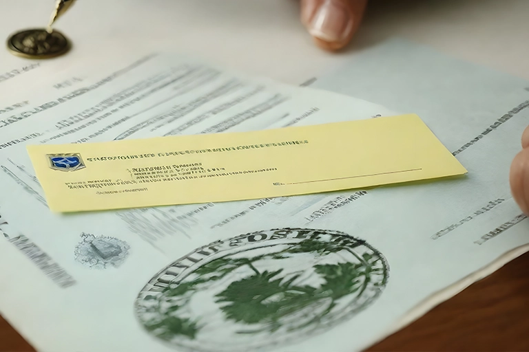 Documentos de crédito rural com um carimbo oficial e um envelope.