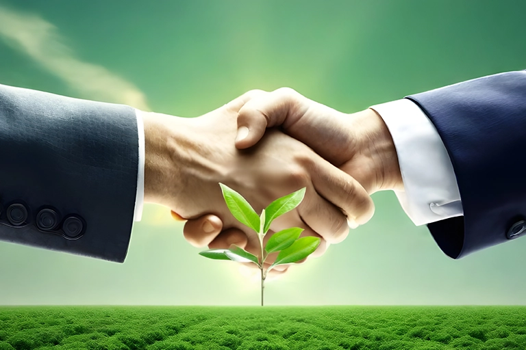 Dois homens apertando as mãos com uma planta crescendo ao fundo, simbolizando um acordo de Barter.