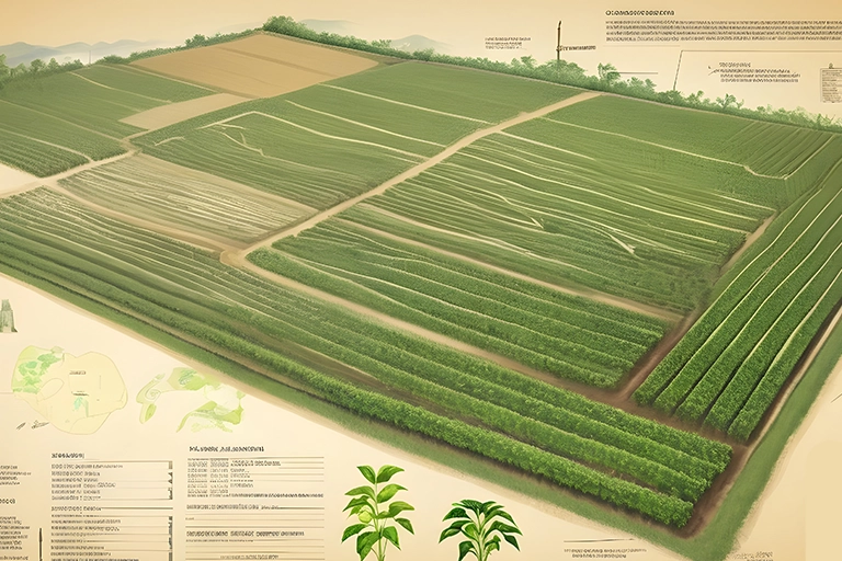 Mapa detalhado de uma área agrícola com diferentes culturas planejadas.