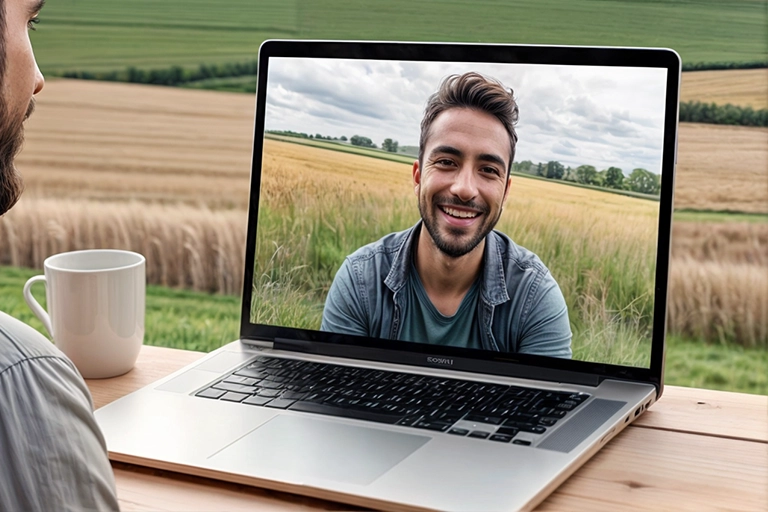 pessoa sentada em frente a um laptop com a imagem de outra pessoa na tela. O rosto da pessoa na tela do laptop está obscurecido por um retângulo marrom. Ao fundo, há uma paisagem com um campo e um céu nublado visíveis atrás do laptop